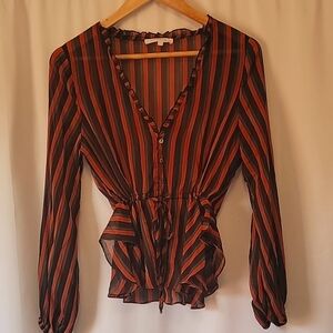 Olivaceou Striped Plunge V-Neck Blouse with Puff Sleeves NWOT